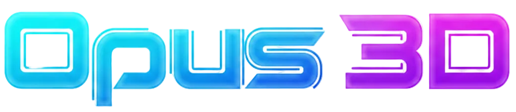 Logo of Opus 3D with colorful text on a white background